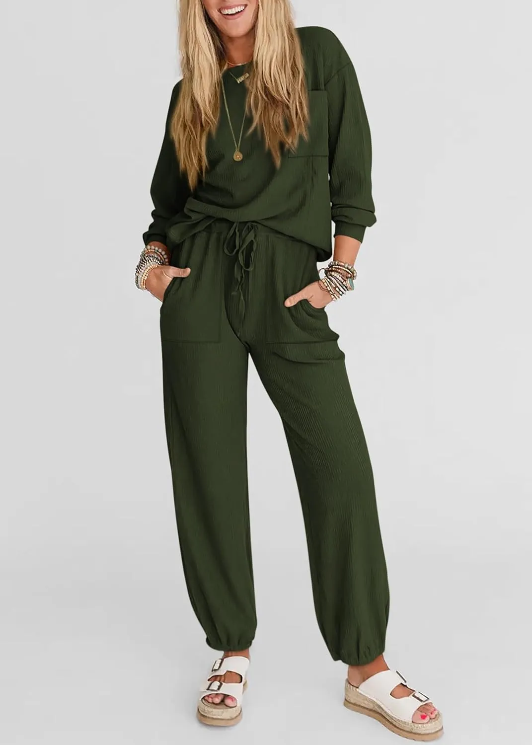 KIRUNDO Lounge Sets for Women Travel Airport Outfits Lightweight Tops Drawstring Pants Tracksuit Jogger Set Postpartum