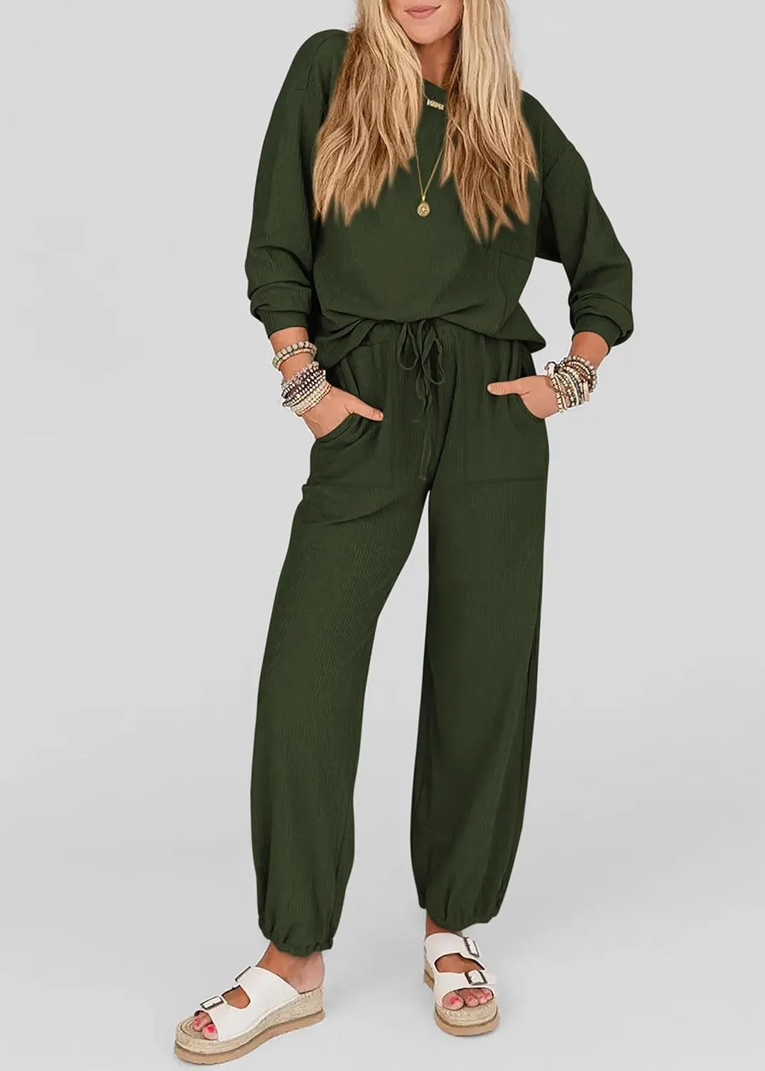 KIRUNDO Lounge Sets for Women Travel Airport Outfits Lightweight Tops Drawstring Pants Tracksuit Jogger Set Postpartum