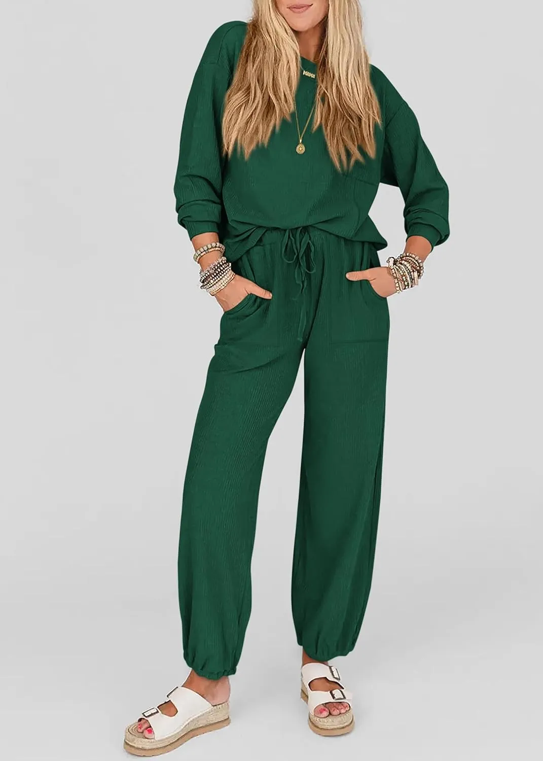 KIRUNDO Lounge Sets for Women Travel Airport Outfits Lightweight Tops Drawstring Pants Tracksuit Jogger Set Postpartum