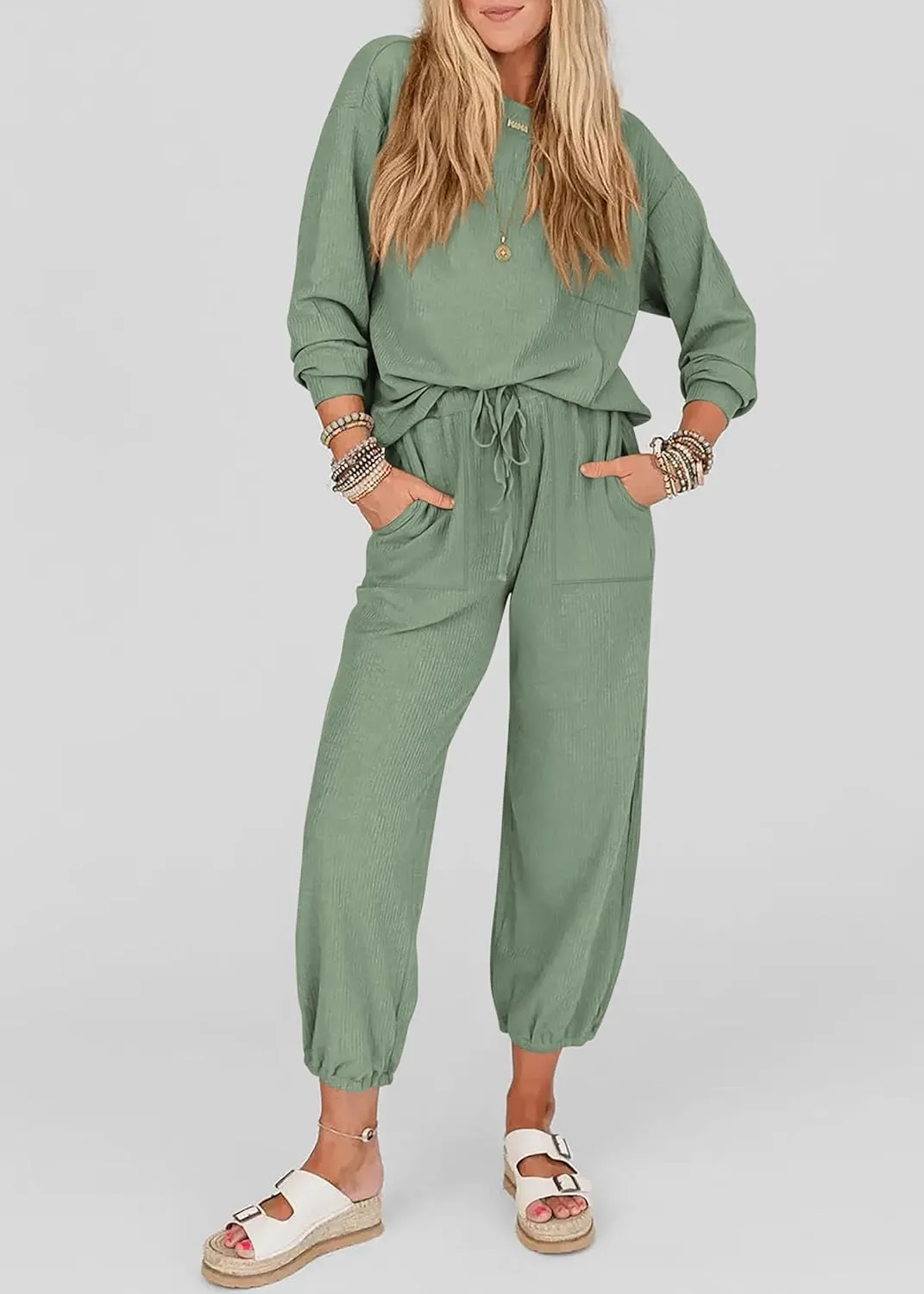 KIRUNDO Lounge Sets for Women Travel Airport Outfits Lightweight Tops Drawstring Pants Tracksuit Jogger Set Postpartum