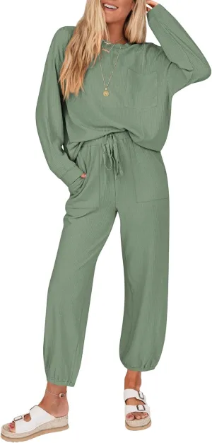 KIRUNDO Lounge Sets for Women Travel Airport Outfits Lightweight Tops Drawstring Pants Tracksuit Jogger Set Postpartum