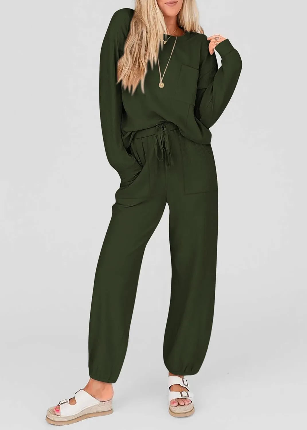 KIRUNDO Lounge Sets for Women Travel Airport Outfits Lightweight Tops Drawstring Pants Tracksuit Jogger Set Postpartum