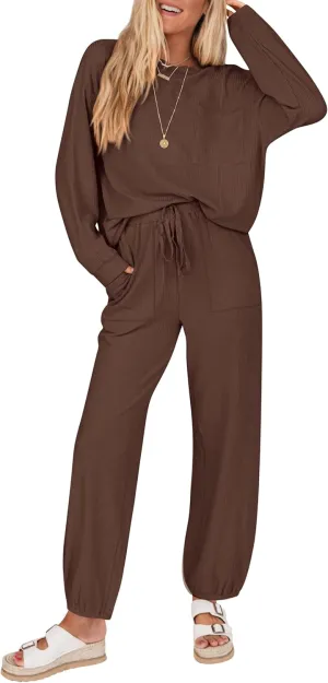 KIRUNDO Lounge Sets for Women Travel Airport Outfits Lightweight Tops Drawstring Pants Tracksuit Jogger Set Postpartum