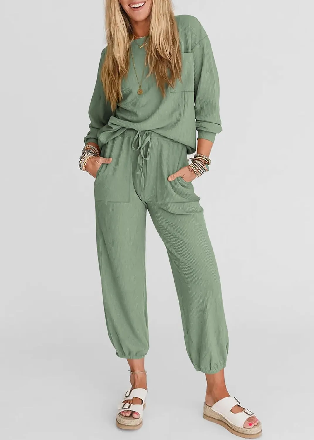 KIRUNDO Lounge Sets for Women Travel Airport Outfits Lightweight Tops Drawstring Pants Tracksuit Jogger Set Postpartum