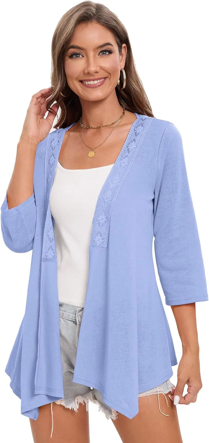 KOJOOIN Womens Lightweight Cardigan Summer 3/4 Sleeve Open Front Loose Casual Cover Ups High Low Hem