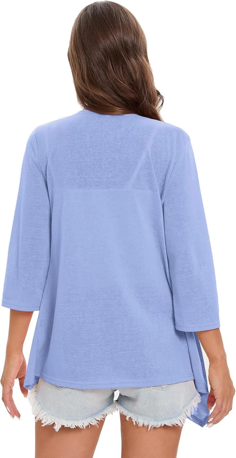 KOJOOIN Womens Lightweight Cardigan Summer 3/4 Sleeve Open Front Loose Casual Cover Ups High Low Hem