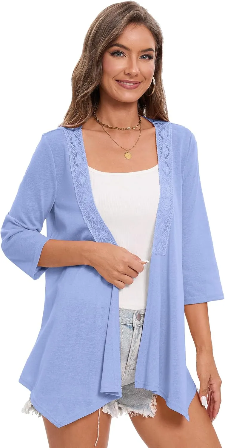 KOJOOIN Womens Lightweight Cardigan Summer 3/4 Sleeve Open Front Loose Casual Cover Ups High Low Hem