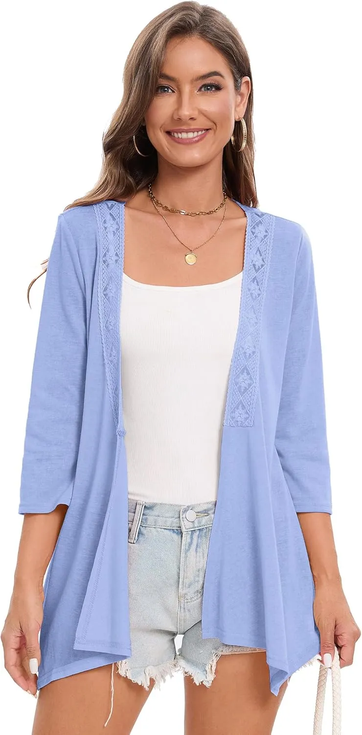 KOJOOIN Womens Lightweight Cardigan Summer 3/4 Sleeve Open Front Loose Casual Cover Ups High Low Hem