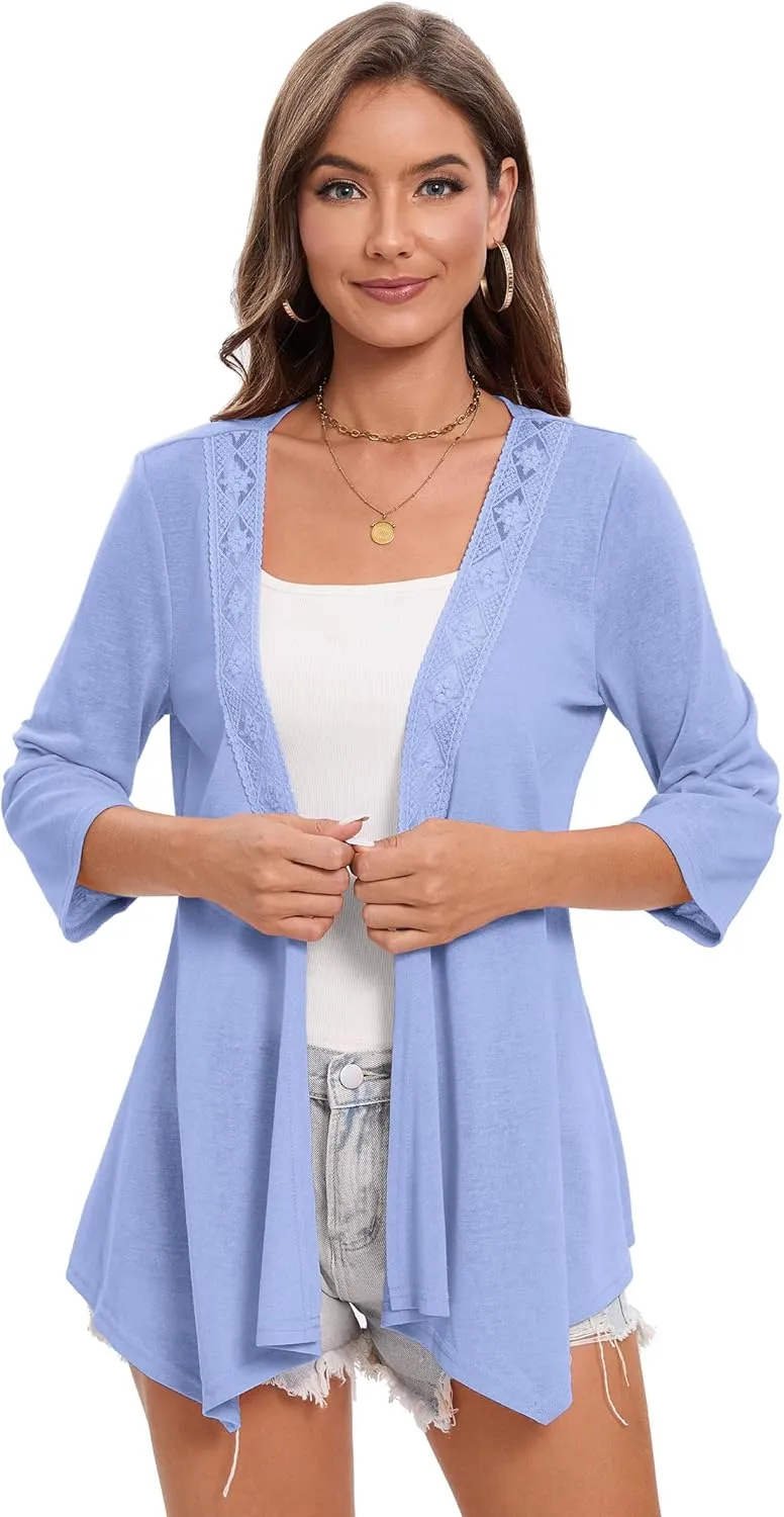 KOJOOIN Womens Lightweight Cardigan Summer 3/4 Sleeve Open Front Loose Casual Cover Ups High Low Hem