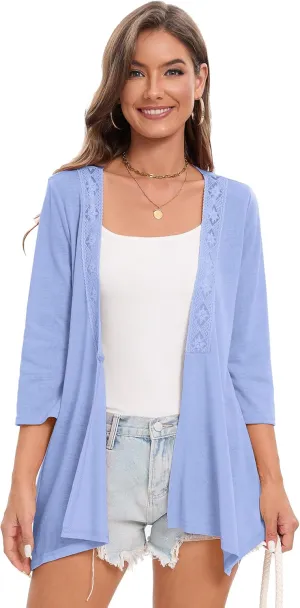 KOJOOIN Womens Lightweight Cardigan Summer 3/4 Sleeve Open Front Loose Casual Cover Ups High Low Hem