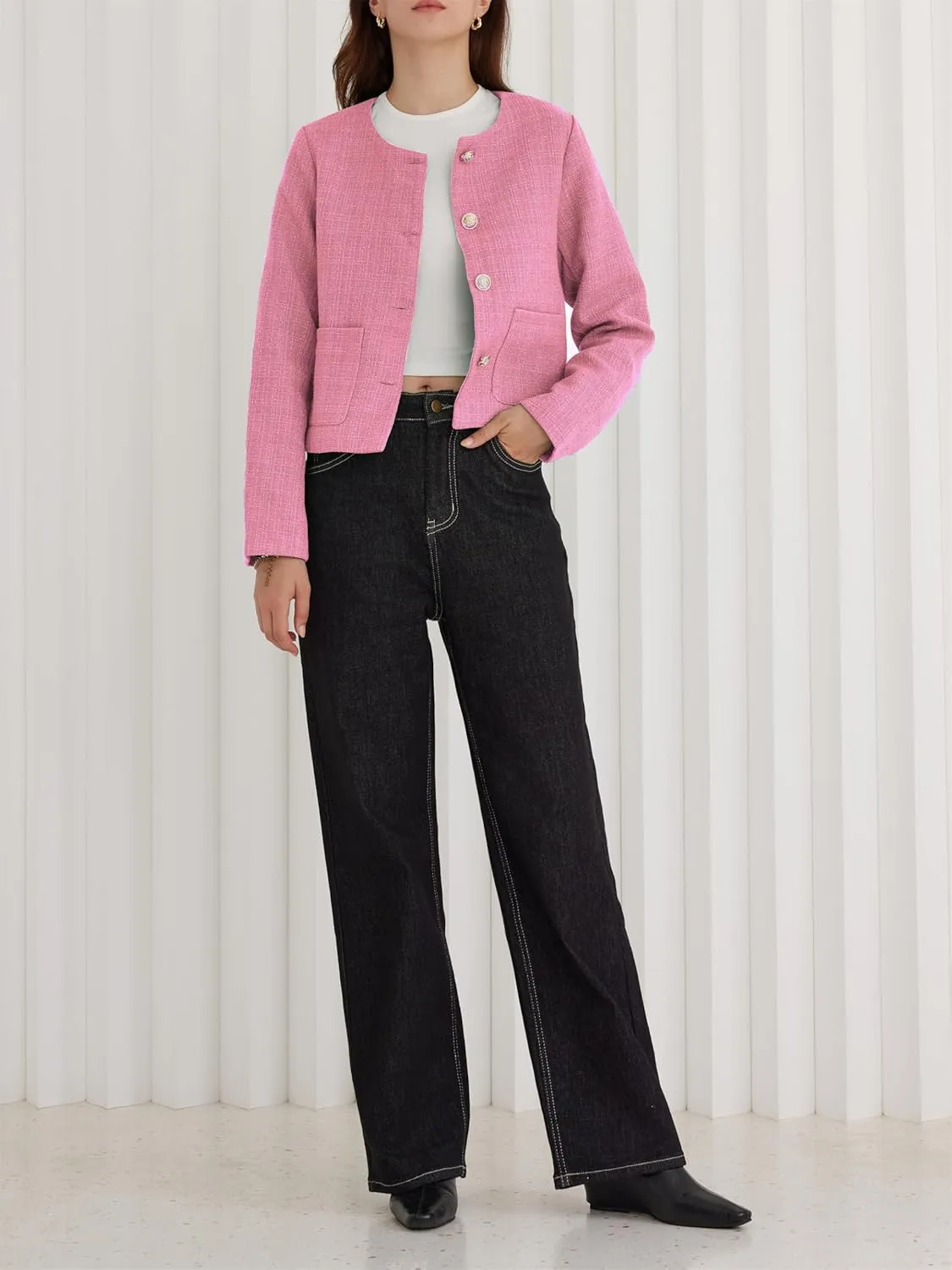 LifeShe Tweed Jacket Women Cropped Long Sleeve Work Blazers Fall Casual Open Front Office Coats