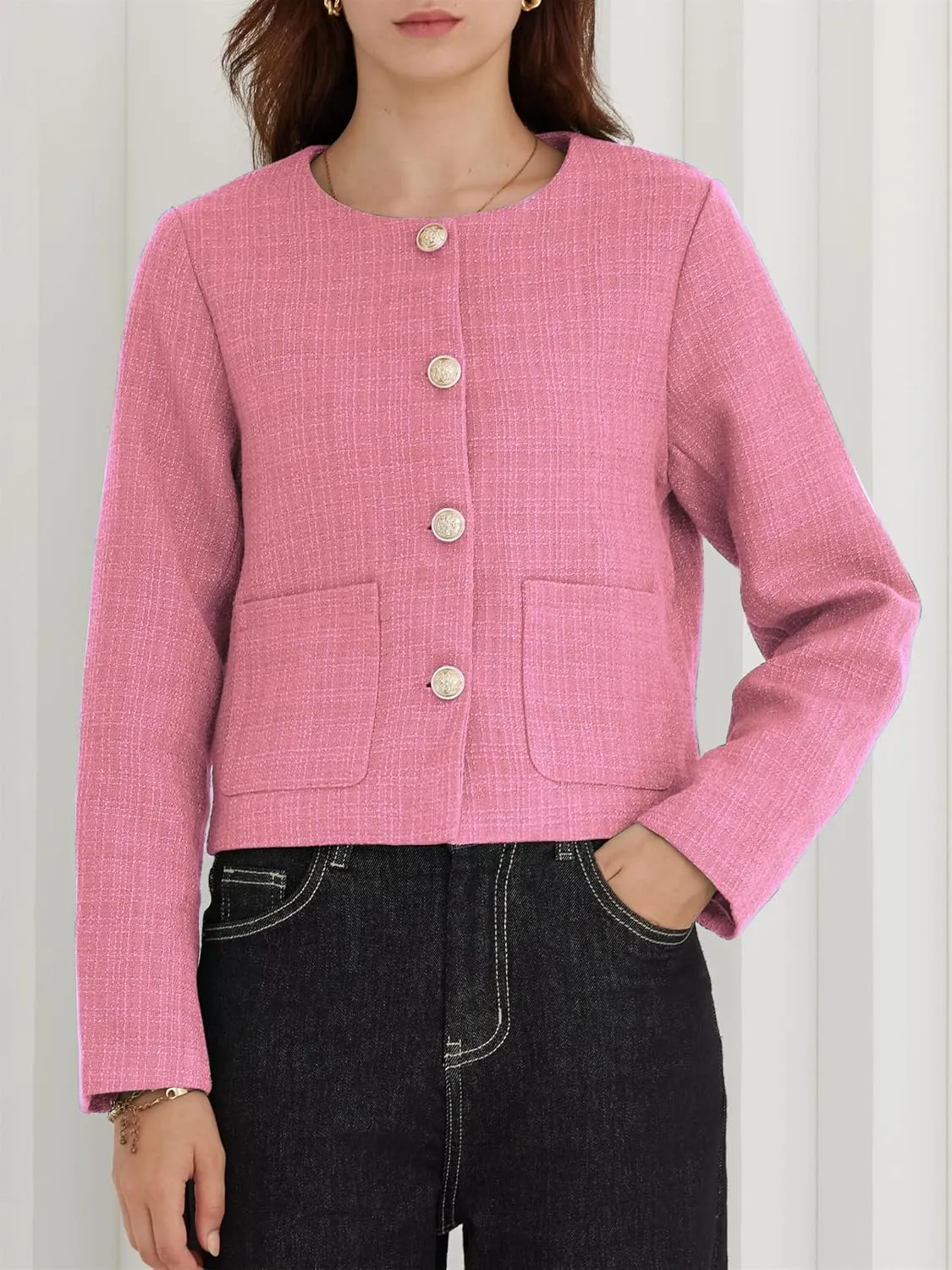 LifeShe Tweed Jacket Women Cropped Long Sleeve Work Blazers Fall Casual Open Front Office Coats