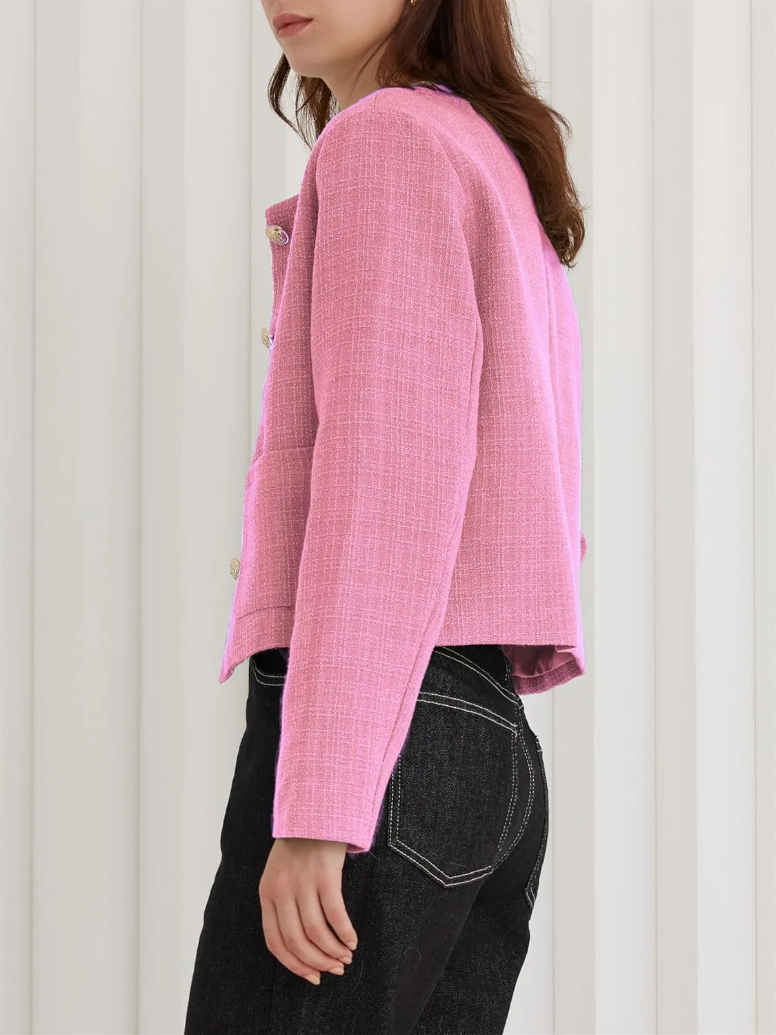 LifeShe Tweed Jacket Women Cropped Long Sleeve Work Blazers Fall Casual Open Front Office Coats