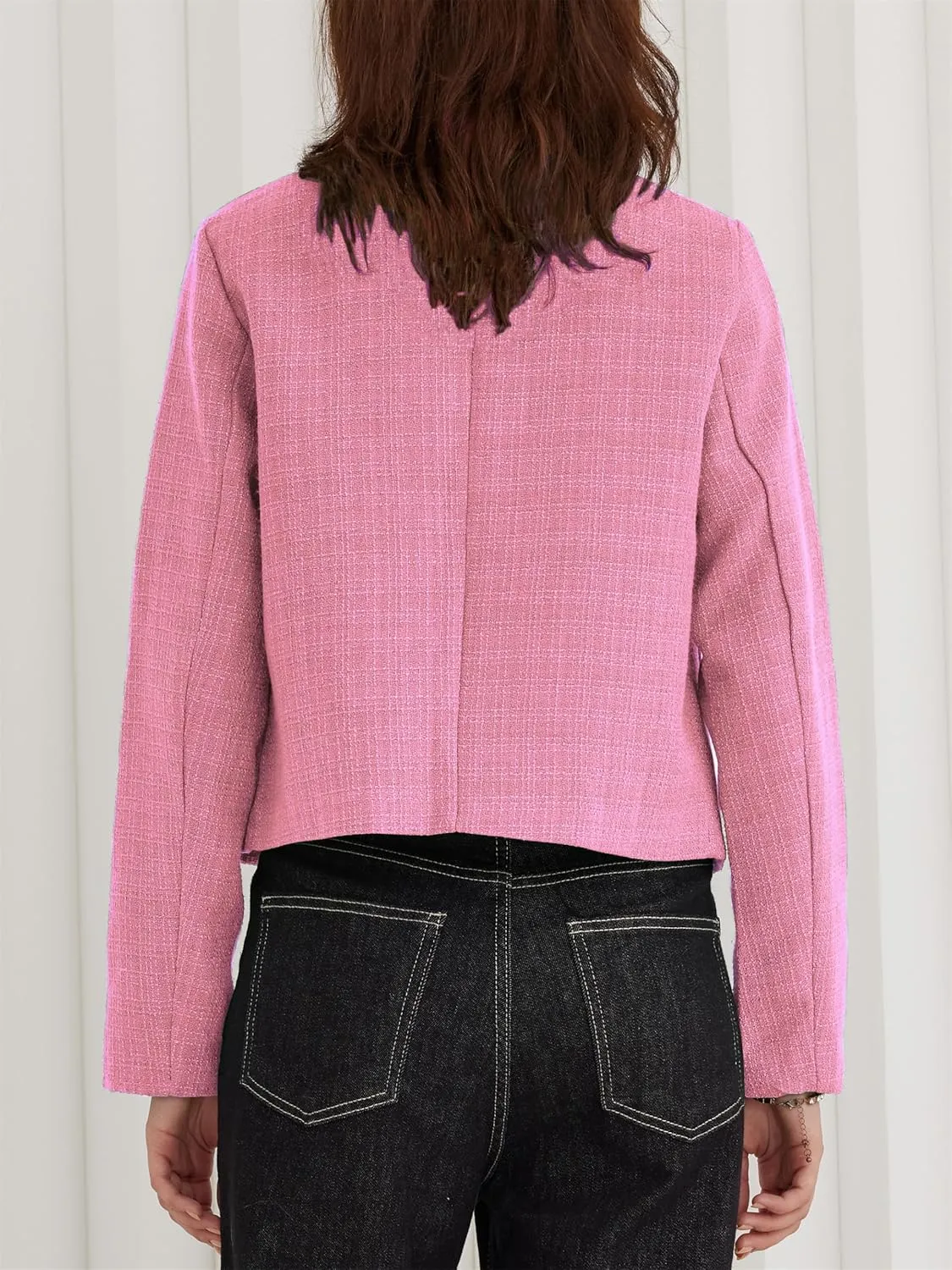 LifeShe Tweed Jacket Women Cropped Long Sleeve Work Blazers Fall Casual Open Front Office Coats