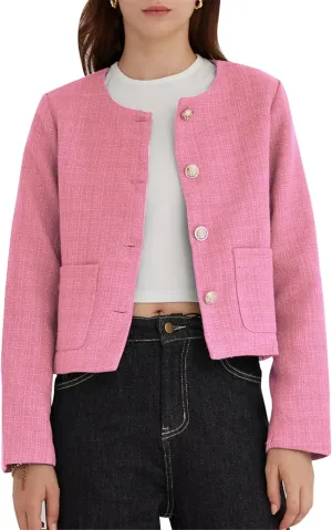 LifeShe Tweed Jacket Women Cropped Long Sleeve Work Blazers Fall Casual Open Front Office Coats