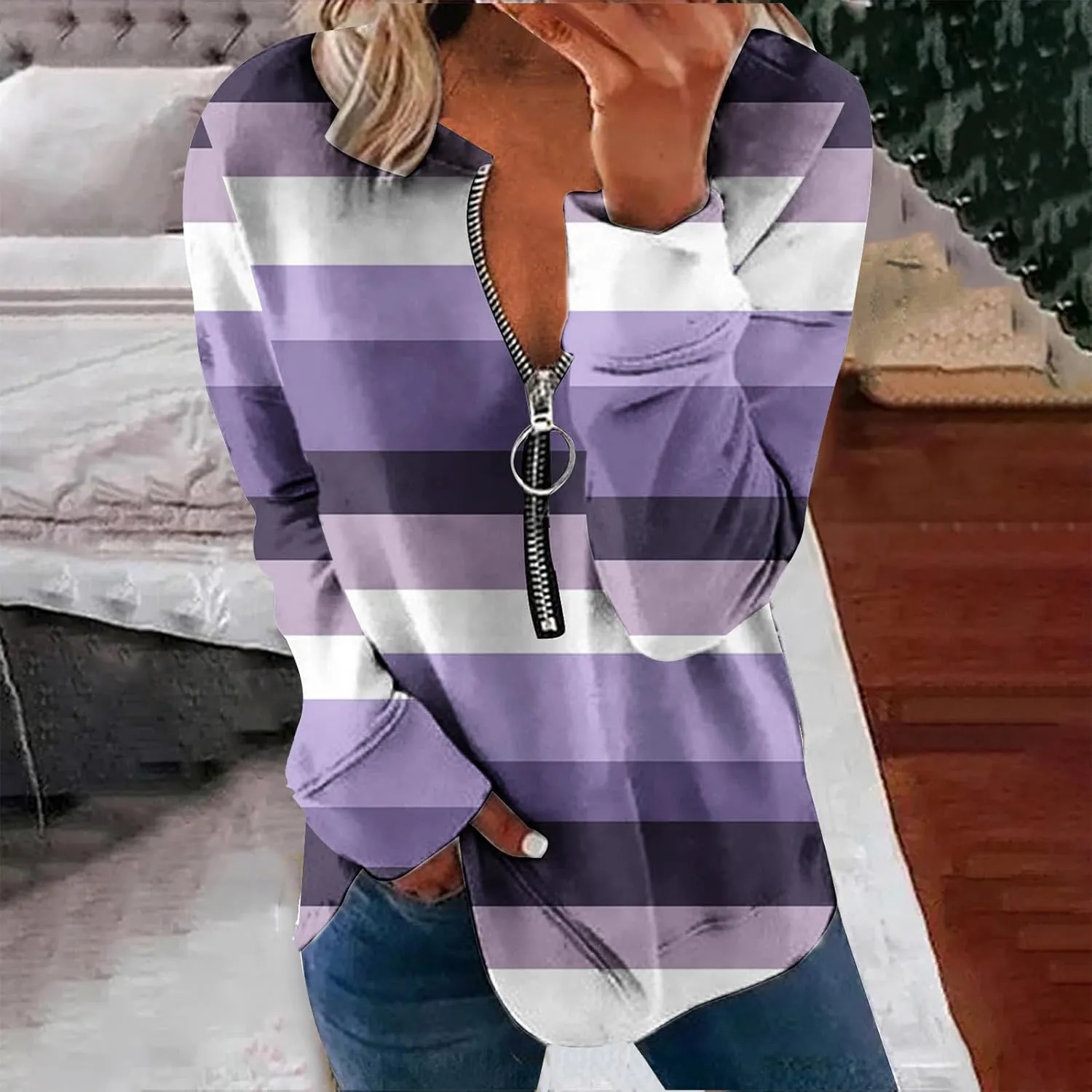 Lightweight Zip Up Hoodie For Women Trendy 2023 Fall Striped Print Tunic Tops Quarter Zip Casual Pullover Sweatshirt