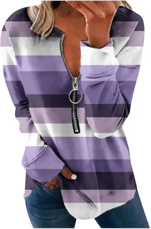 Lightweight Zip Up Hoodie For Women Trendy 2023 Fall Striped Print Tunic Tops Quarter Zip Casual Pullover Sweatshirt