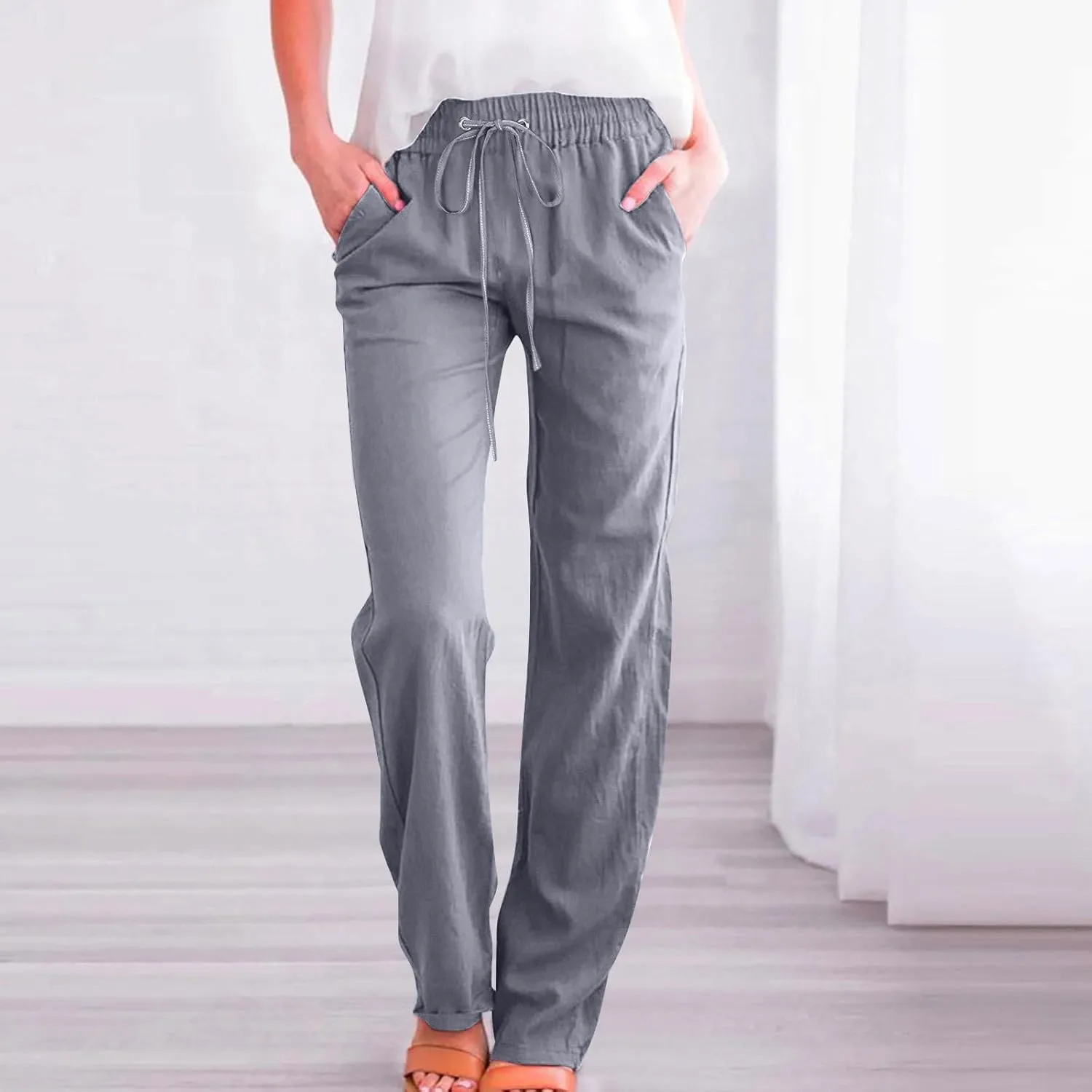 Lmdudan Cotton Linen Pants Women Plus Size Wide Leg Sweatpants Summer Drawstrings Elastic Waist Casual Trousers with Pockets