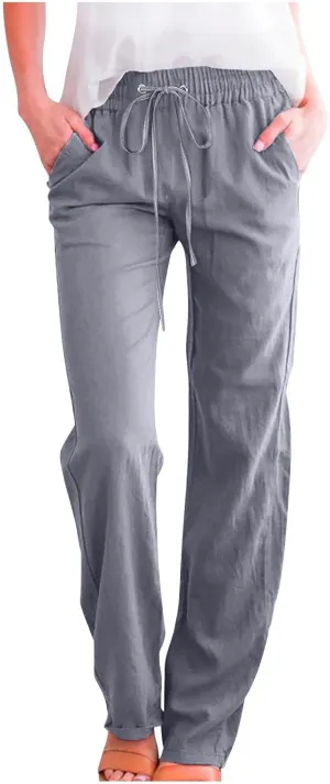 Lmdudan Cotton Linen Pants Women Plus Size Wide Leg Sweatpants Summer Drawstrings Elastic Waist Casual Trousers with Pockets