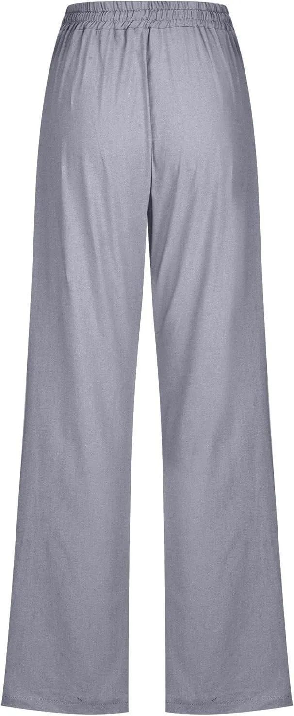 Lmdudan Cotton Linen Pants Women Plus Size Wide Leg Sweatpants Summer Drawstrings Elastic Waist Casual Trousers with Pockets