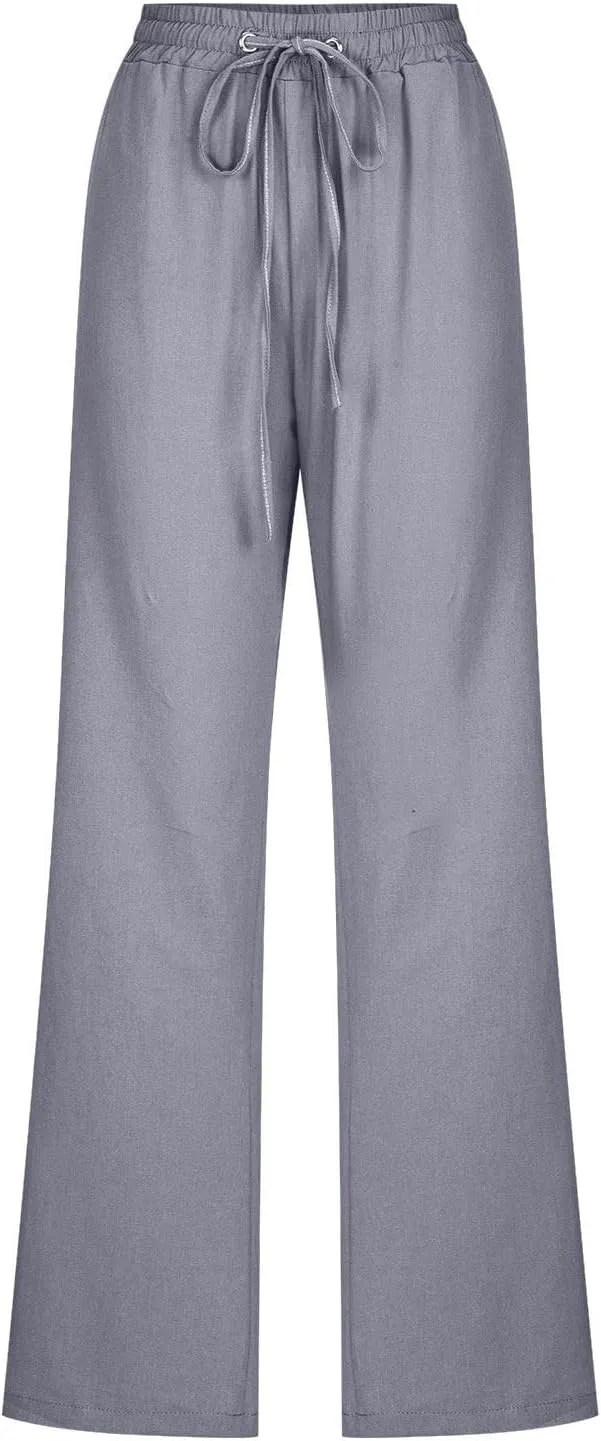 Lmdudan Cotton Linen Pants Women Plus Size Wide Leg Sweatpants Summer Drawstrings Elastic Waist Casual Trousers with Pockets
