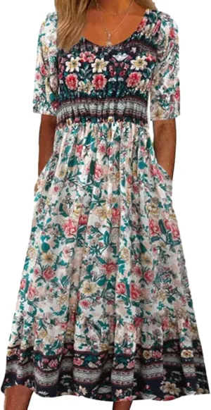 LOAIHA Floral Midi Dress for Women Short Sleeve Flowy Dresses with Pockets Linen Dress Plus Size Summer Loose Boho Sundress