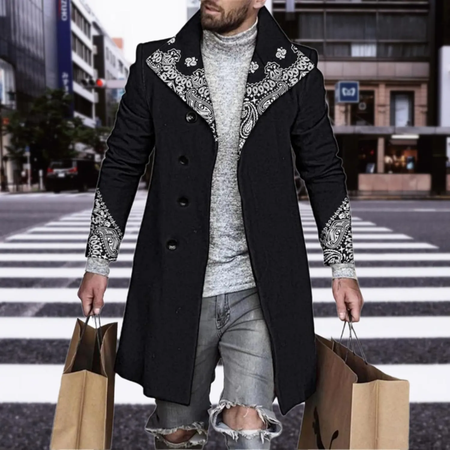 LOAIHA Men's Casual Trench Coat Fashion Plaid Splicing Single Breasted Mid Length Peacoat Fall Winter Warm Jacket Outwear
