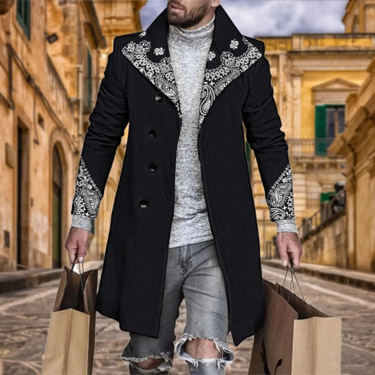 LOAIHA Men's Casual Trench Coat Fashion Plaid Splicing Single Breasted Mid Length Peacoat Fall Winter Warm Jacket Outwear