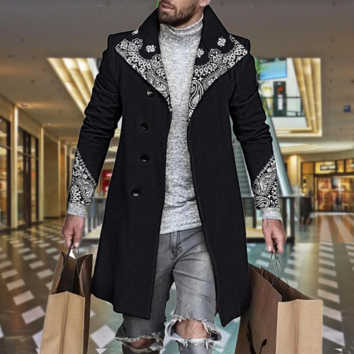 LOAIHA Men's Casual Trench Coat Fashion Plaid Splicing Single Breasted Mid Length Peacoat Fall Winter Warm Jacket Outwear