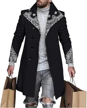 LOAIHA Men's Casual Trench Coat Fashion Plaid Splicing Single Breasted Mid Length Peacoat Fall Winter Warm Jacket Outwear