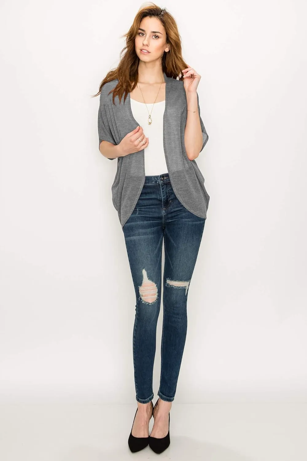 Lock and Love Kimono Style Women's Short Sleeve Open-Front Batwing Cardigan Loose fit
