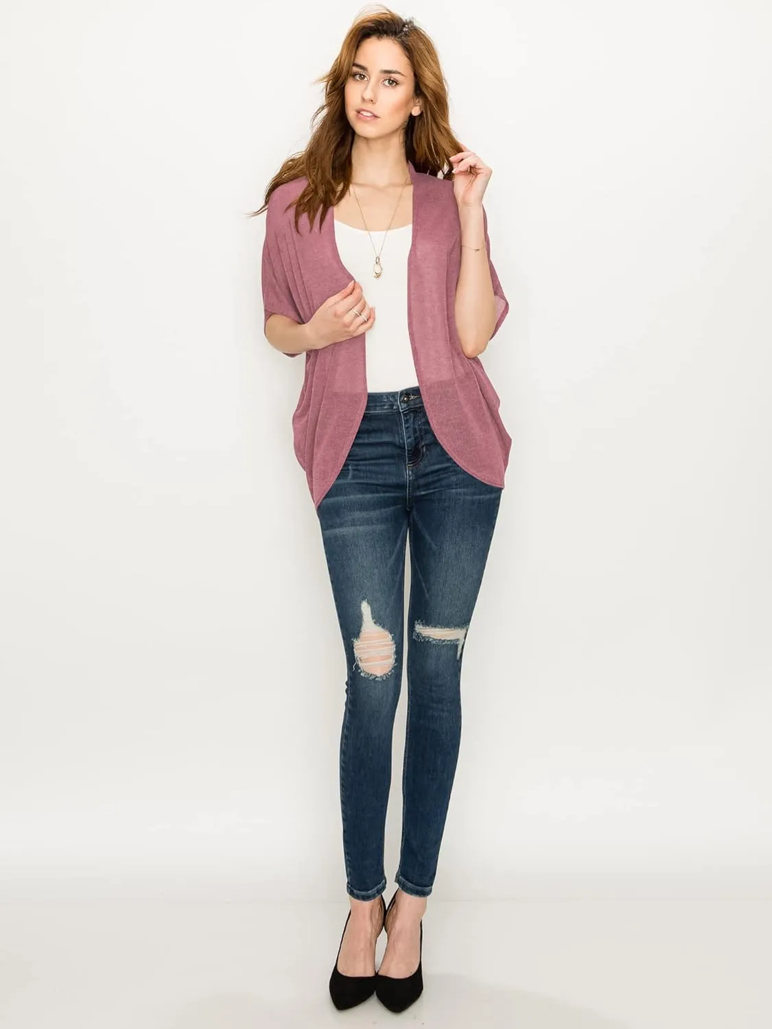 Lock and Love Kimono Style Women's Short Sleeve Open-Front Batwing Cardigan Loose fit