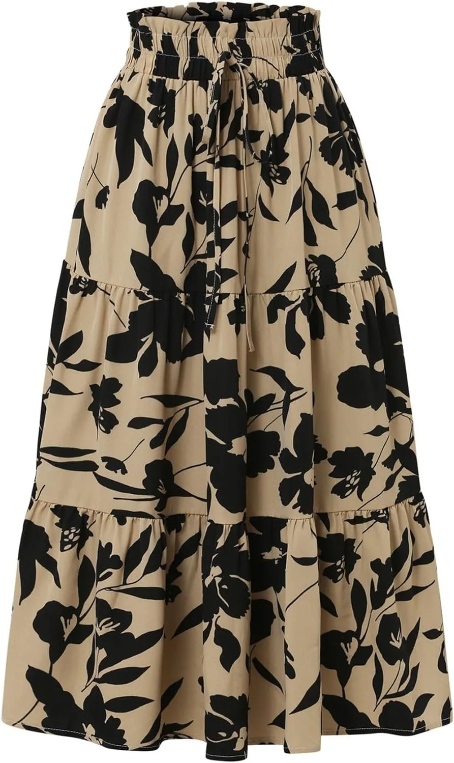 Long Skirts for Women Trendy Flowy Floral Midi Skirt Summer Elastic High Waisted Ruffle Tiered Renaissance Skirt