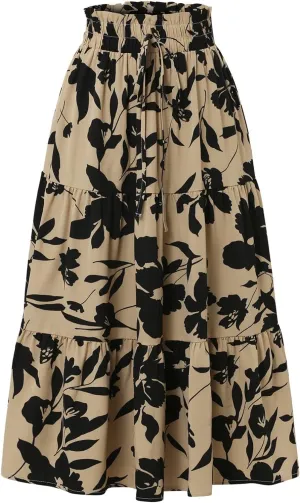 Long Skirts for Women Trendy Flowy Floral Midi Skirt Summer Elastic High Waisted Ruffle Tiered Renaissance Skirt