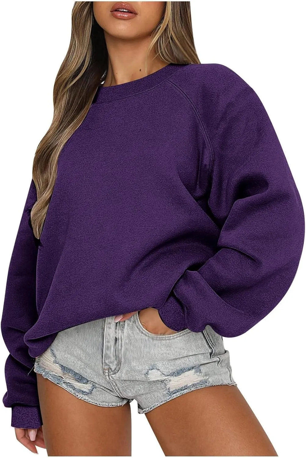 Long Sleeve Crewneck Sweatshirts for Women Oversized Drop Shoulder Fleece Pullover Tops Casual Loose Sweater Shirts