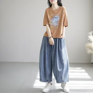 Loose Elastic Drawstring Denim Pants