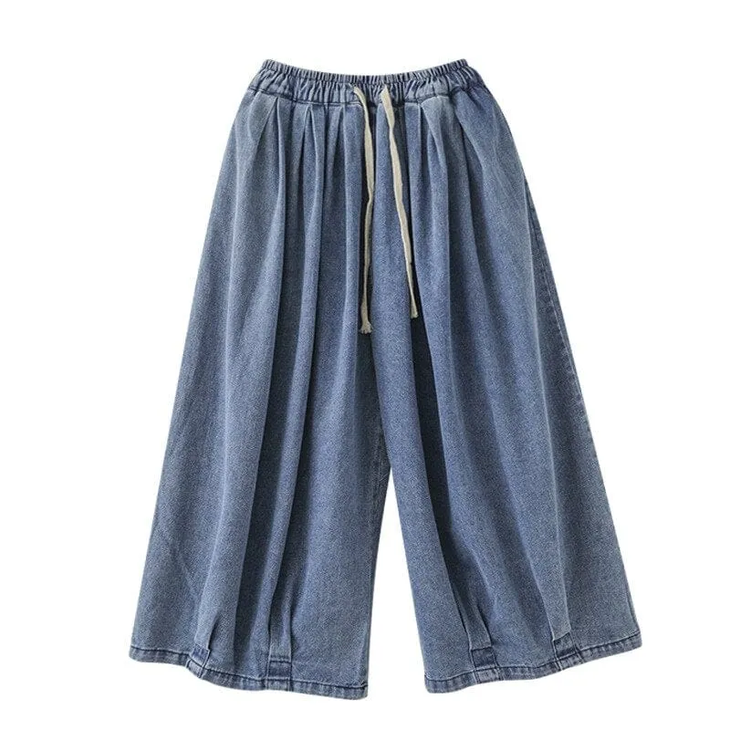 Loose Elastic Drawstring Denim Pants