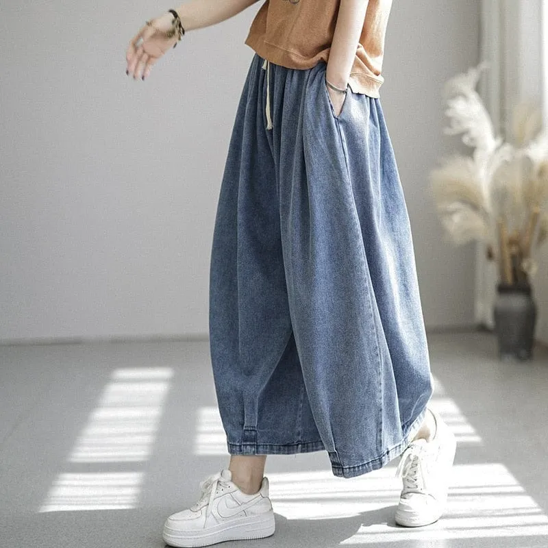 Loose Elastic Drawstring Denim Pants