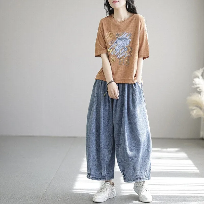 Loose Elastic Drawstring Denim Pants
