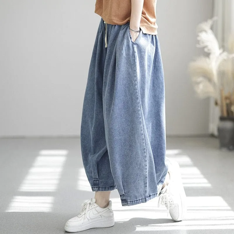 Loose Elastic Drawstring Denim Pants
