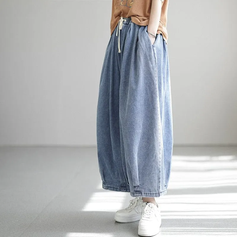 Loose Elastic Drawstring Denim Pants