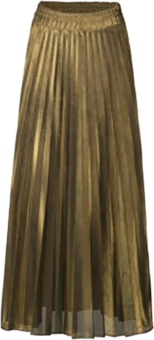 Lpmadey Womens Pleated Midi Skirt, High Waist Swing A-line Skirt Casual Metallic Shiny Accordion Pleated Elastic Long Skirts