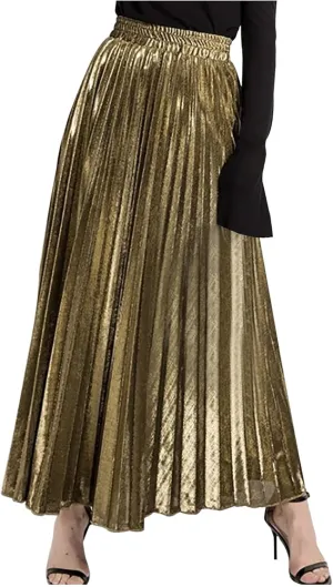 Lpmadey Womens Pleated Midi Skirt, High Waist Swing A-line Skirt Casual Metallic Shiny Accordion Pleated Elastic Long Skirts