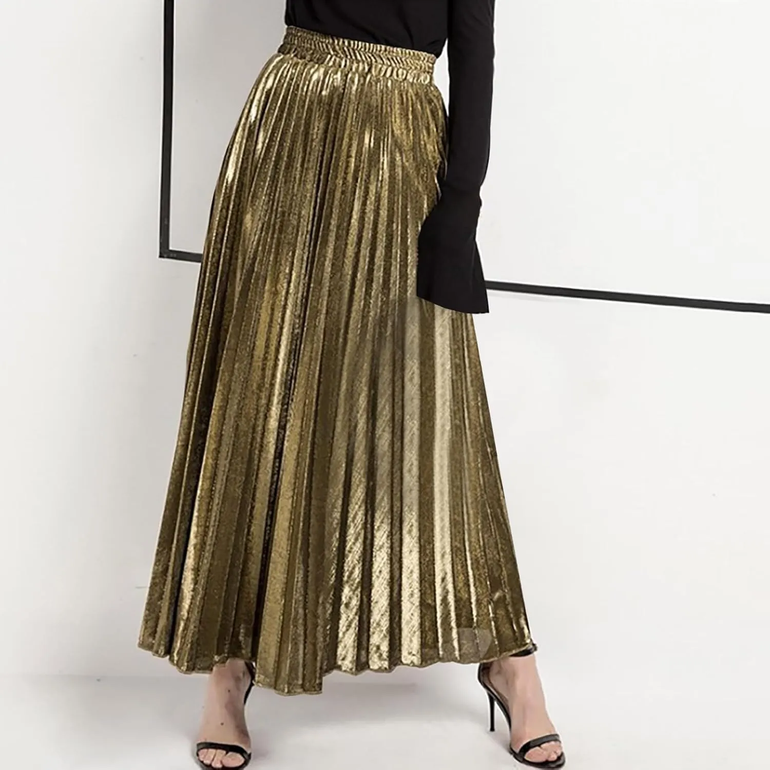 Lpmadey Womens Pleated Midi Skirt, High Waist Swing A-line Skirt Casual Metallic Shiny Accordion Pleated Elastic Long Skirts