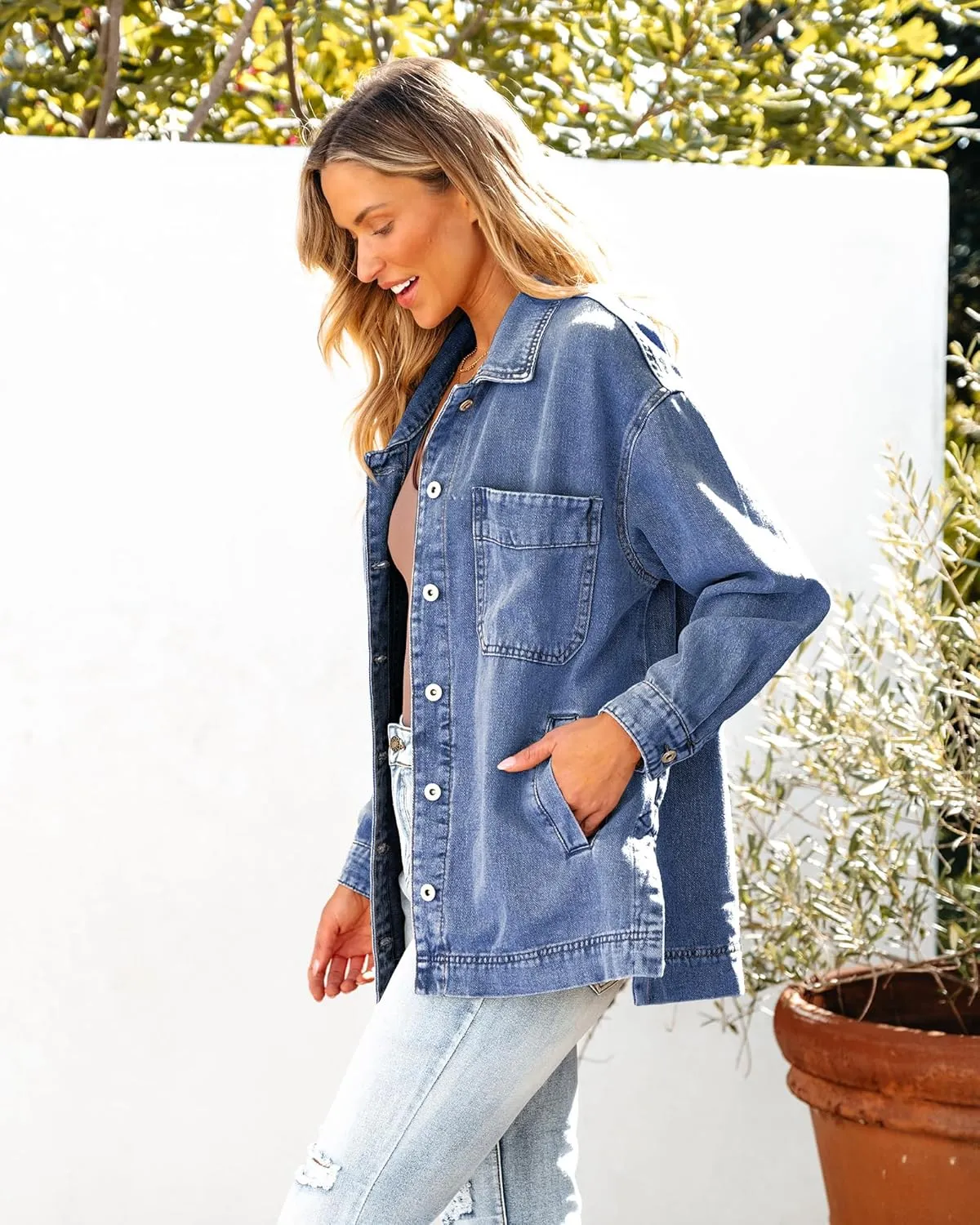 luvamia Denim Jacket for Women Trendy Oversized Button Down Jean Jacket Long Sleeve Slit Hem Shacket Jackets with Pocket