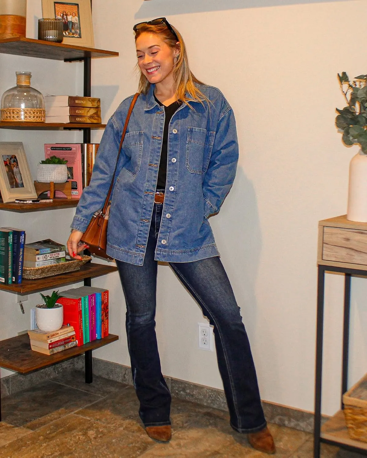 luvamia Denim Jacket for Women Trendy Oversized Button Down Jean Jacket Long Sleeve Slit Hem Shacket Jackets with Pocket