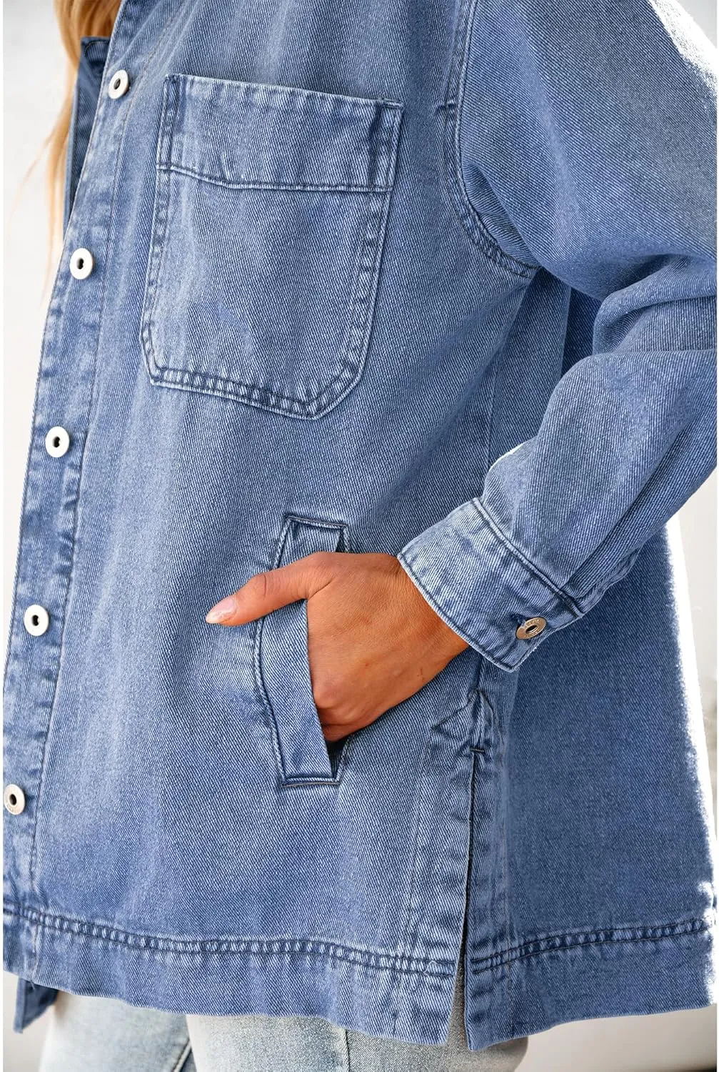 luvamia Denim Jacket for Women Trendy Oversized Button Down Jean Jacket Long Sleeve Slit Hem Shacket Jackets with Pocket