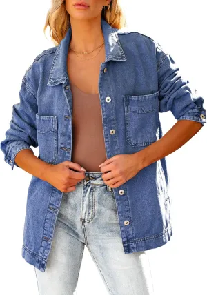 luvamia Denim Jacket for Women Trendy Oversized Button Down Jean Jacket Long Sleeve Slit Hem Shacket Jackets with Pocket
