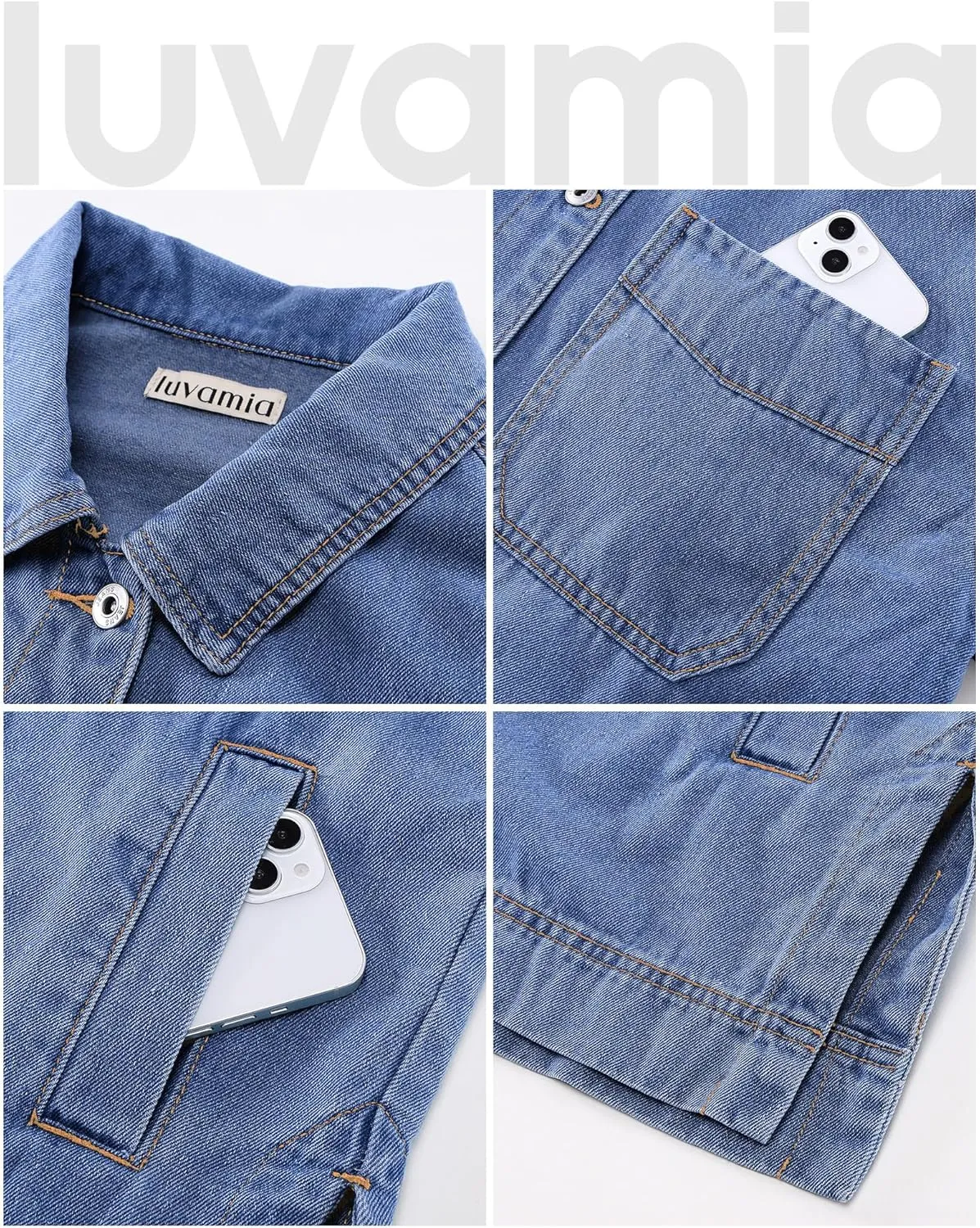 luvamia Denim Jacket for Women Trendy Oversized Button Down Jean Jacket Long Sleeve Slit Hem Shacket Jackets with Pocket