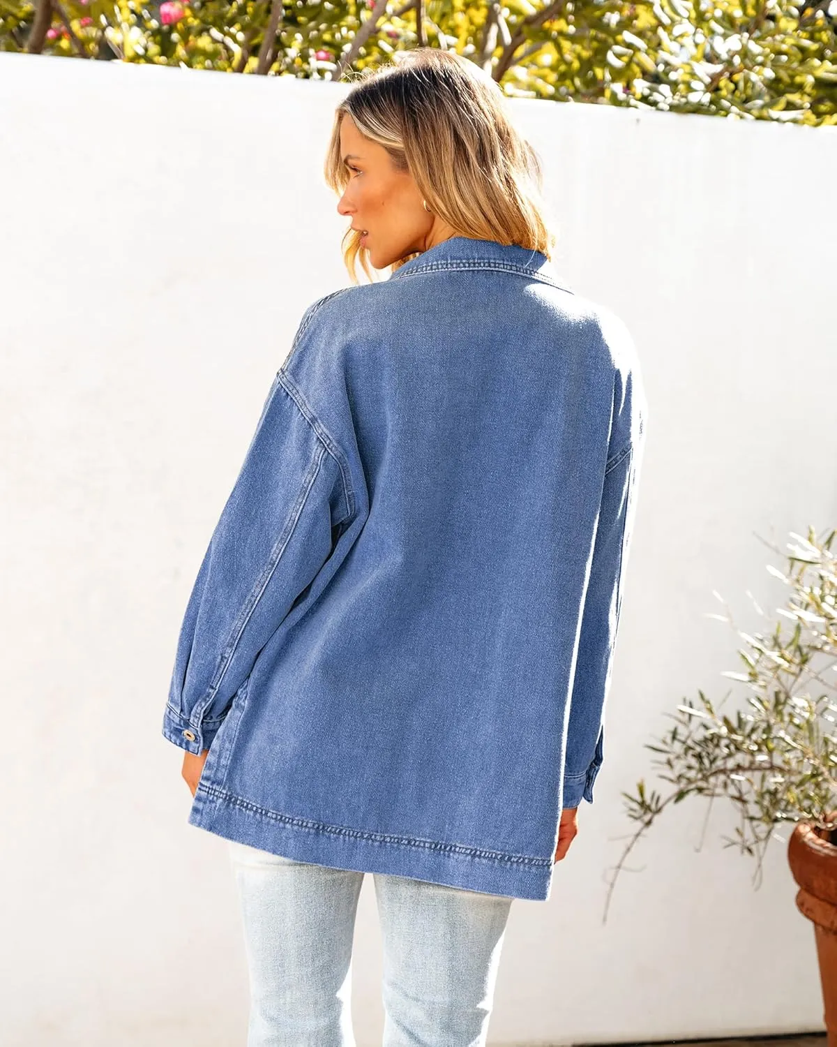 luvamia Denim Jacket for Women Trendy Oversized Button Down Jean Jacket Long Sleeve Slit Hem Shacket Jackets with Pocket